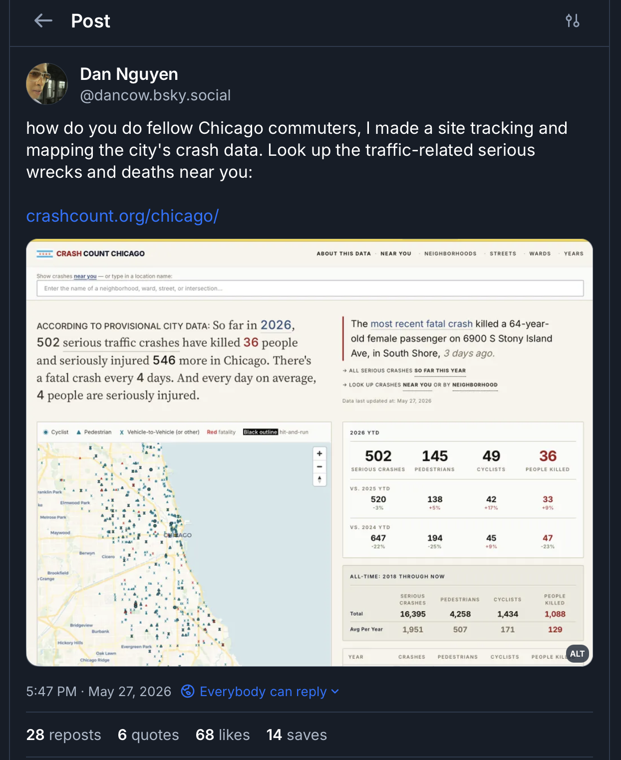 My bluesky post announcing crashcount.org/chicago