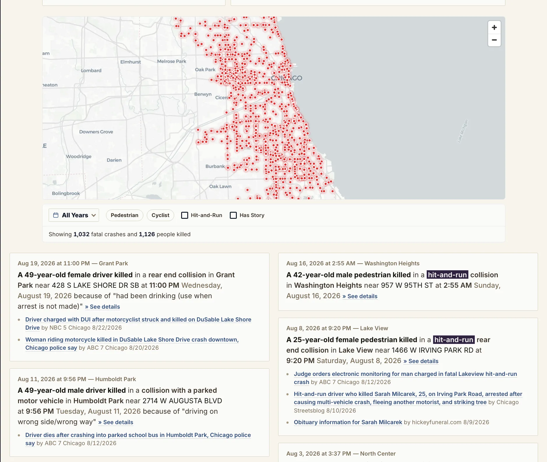 screenshot of the fatalities map and list